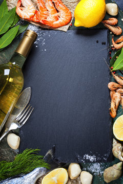 Food background with Seafood and Wine