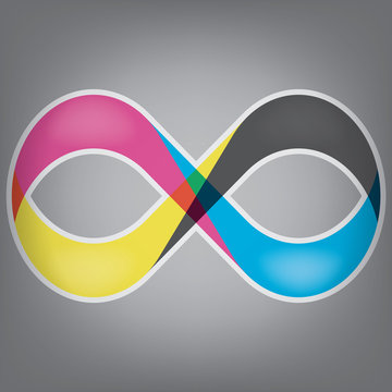 Infinity sign divided in four colors that are CMYK
