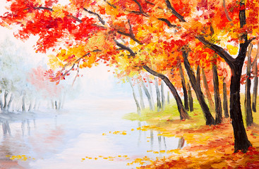 Obraz olejny pejzaż - jesienny las nad jeziorem