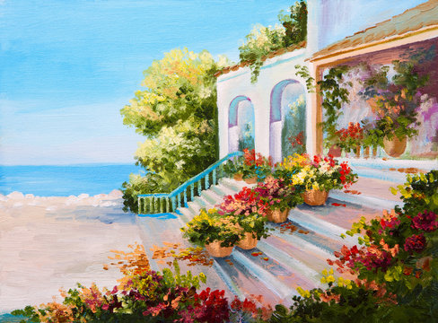 Oil painting landscape - terrace near the sea