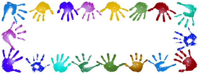 Conceptual children painted hand print frame isolated