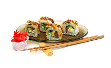 Japanese rolls isolated on white background close up