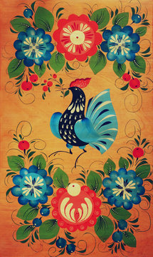 Traditional russian decorative wooden board. Painting with flora