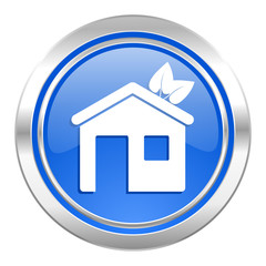 house icon, blue button, ecological home symbol
