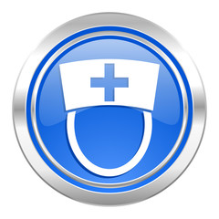 nurse icon, blue button, hospital sign