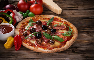 Delicious italian pizza served on wooden table