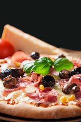 Delicious italian pizza served on wooden table