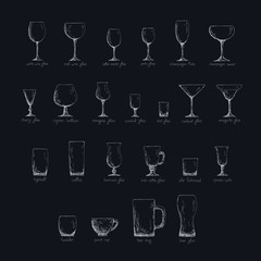 Different glass glasses in sketch style, inverse color edition