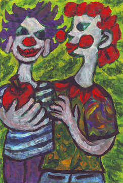 Two clowns friends painting