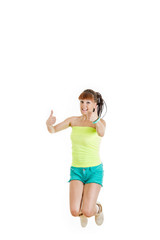  girl or woman happy for her pure success in green blank t-shirt