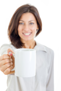 smiling casual pretty woman offered white cup of coffee or tea t