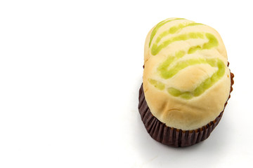 Thai dessert , Slice steamed bread and pandan custard white background