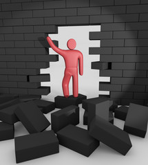 Abstract man breaking trough a wall. Concept of overcoming