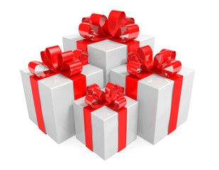 Fototapeta premium Group of white gift boxes wrapped with red ribbons tied in bows