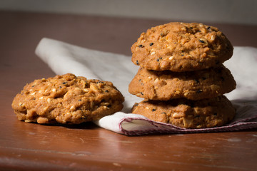 Stacked of chocolate cookies.