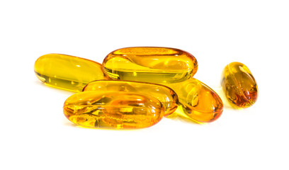 Fish oil supplement capsules isolated on white background