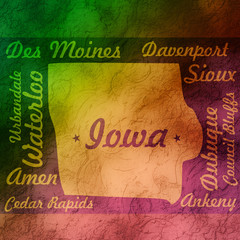 iowa grunge textured map with cities names