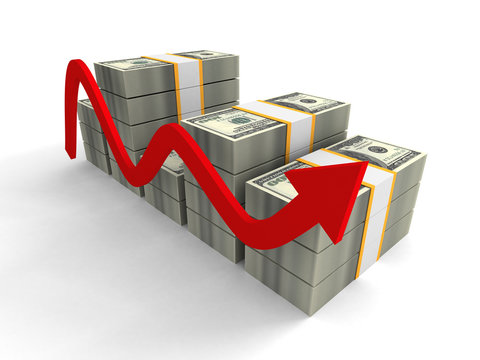 rising hundred dollar packs bar chart graph with red arrow