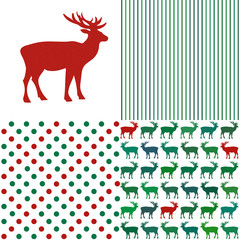 Set of Christmas patterns. Deer, polka dots and stripes.