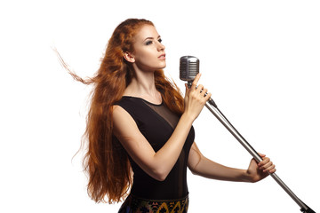 Singing woman isolated on white