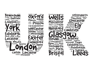 Fototapeta na wymiar UK Hand drawn letters with cities names words cloud, vector