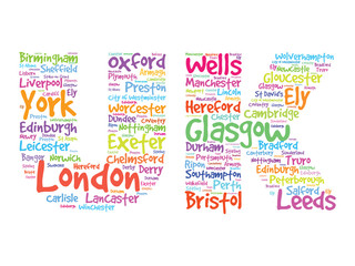 UK Hand drawn letters with cities names words cloud, vector