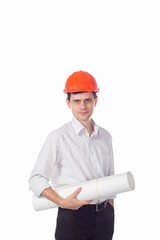 man in shirt, orange construction helmet with a roll of paper