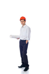 man in shirt, orange construction helmet with a roll of paper