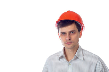 smiling man in a shirt orange construction helmet isolate