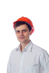smiling man in a shirt orange construction helmet isolate