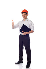 Man in a shirt orange construction helmet holding black folder