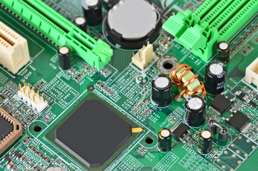 Printed computer motherboard with microcircuit, close up
