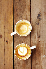 close up hot latte on wooden table