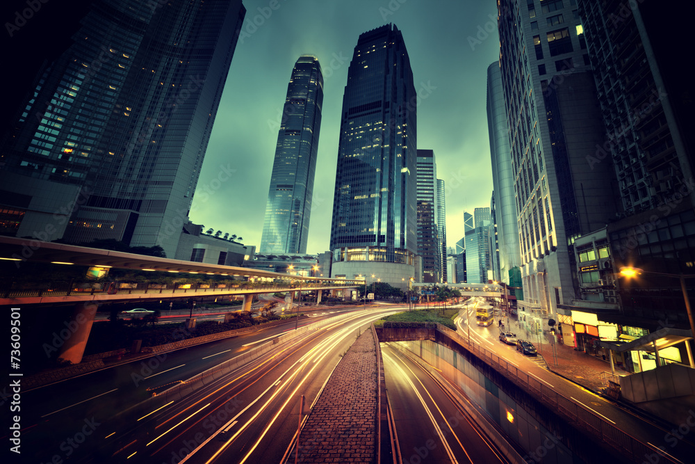 Poster traffic in hong kong at sunset time