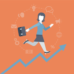 Flat style woman running up the rising income graphic concept
