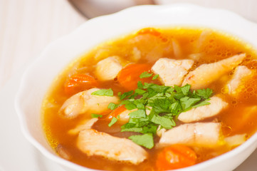 chicken soup with vegetables and mushroom