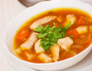 chicken soup with vegetables and mushroom