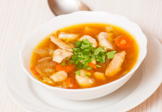 chicken soup with vegetables and mushroom