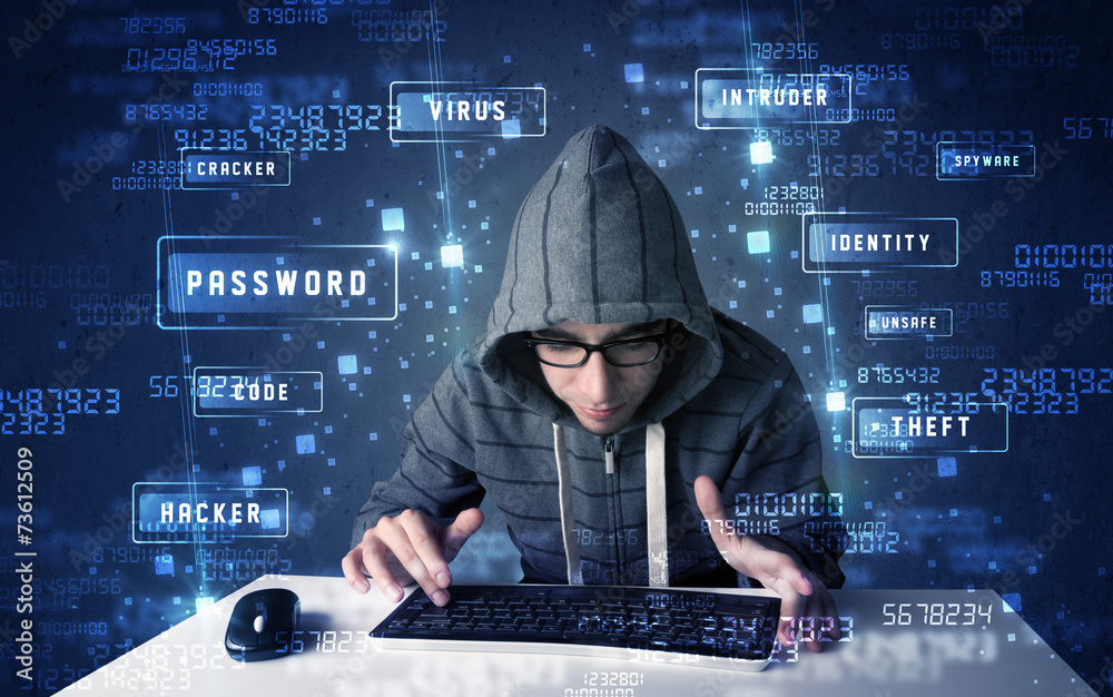 Poster Hacker programing in technology enviroment with cyber icons