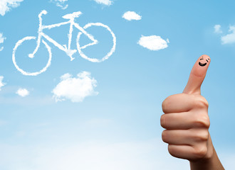 Happy smiley fingers looking at a bicycle shapeed cloud