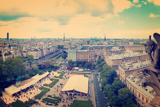 Paris aerial view, France - vintage toned photo.