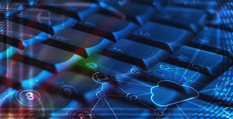Fototapeta premium Keyboard with glowing cloud technology icons
