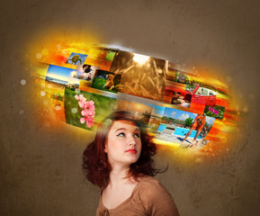 girl with colorful glowing photo memories concept