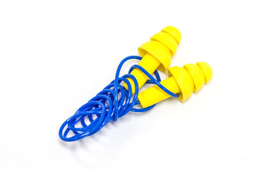 Yellow earplugs with blue band