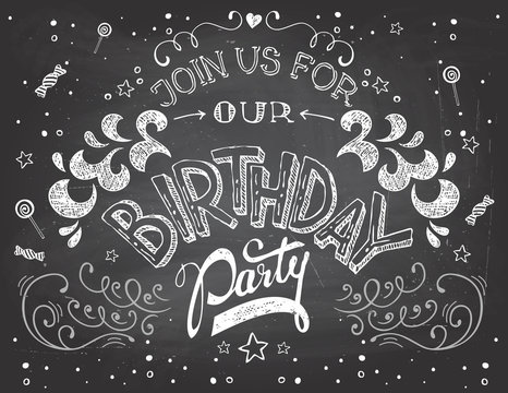 Birthday party invitation on blackboard background