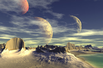 Naklejki  3D renderowane fantasy obca planeta. Skały i księżyc