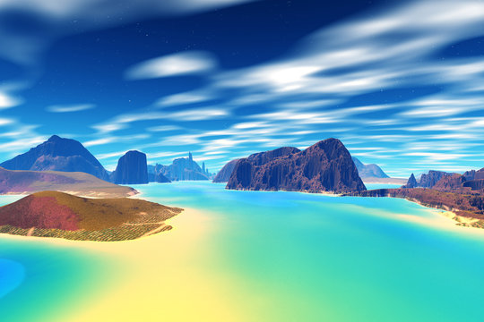 3D rendered fantasy alien planet. Rocks and sea