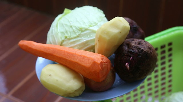 vegetables for borscht, potato, cabbage, beet, carrot clouseup	