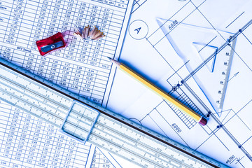 Architectural drawings,  tools for sketching on the table