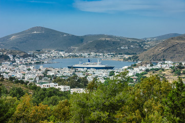 Fototapeta na wymiar Patmos island scenic view with cruise ship